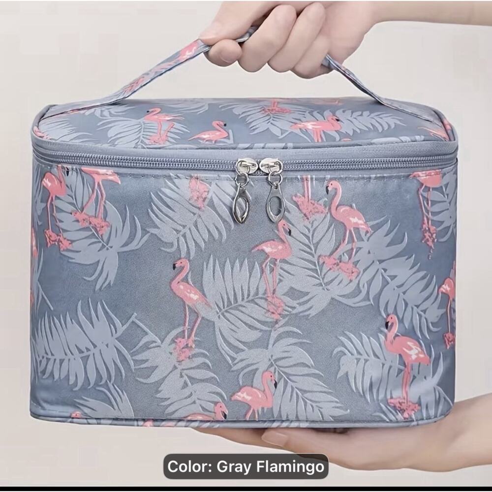 Gray Flamingo Cosmetic Travel Makeup Bag Zipper Pouch with Handle NWT